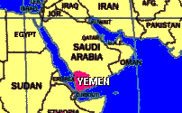 Map of the Middle East showing Yemen (at the mouth of the Red Sea)